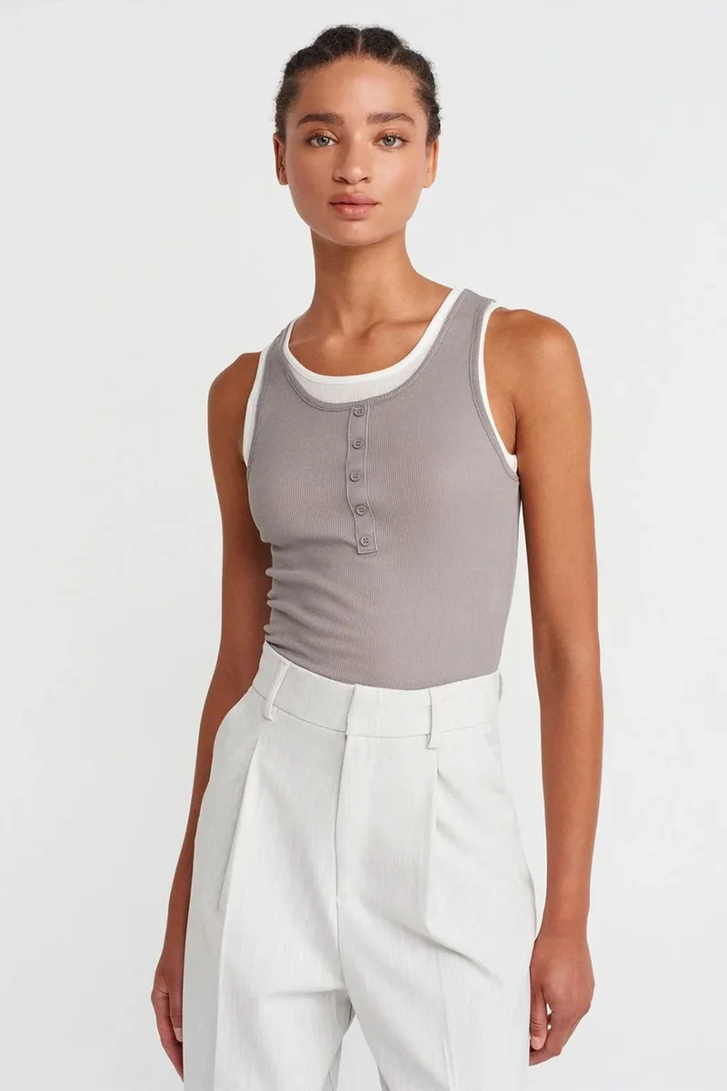 Dilvin Grey DILVIN Cotton Ribbed Sleeveless Button Blouse for Women | Best Price UAE