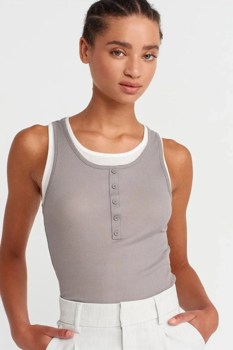 DILVIN Cotton Ribbed Sleeveless Button Blouse