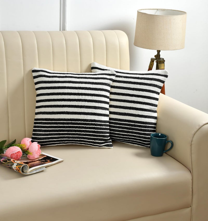TIB Premium Boho Decorative Throw Cushion Covers, 16 x 16 cm, Set of 2, Cotton. (Black Stripes) - Image 1