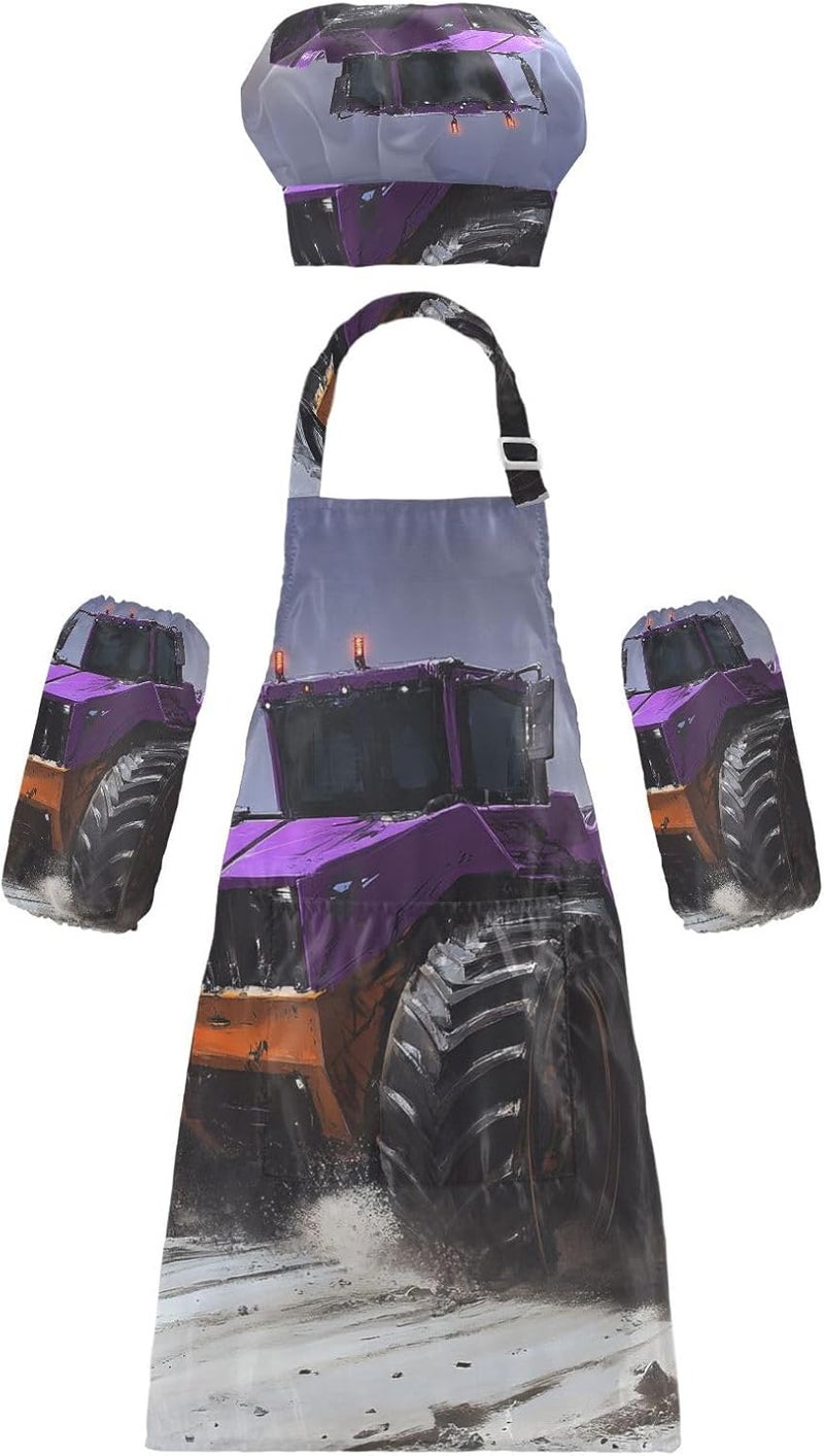 KLL kids Apron Chef Hat Set Comfy Purple Bulldozer Cooking Kitchen Children Aprons with Pockets for Children 3-12 Years Old - Image 1