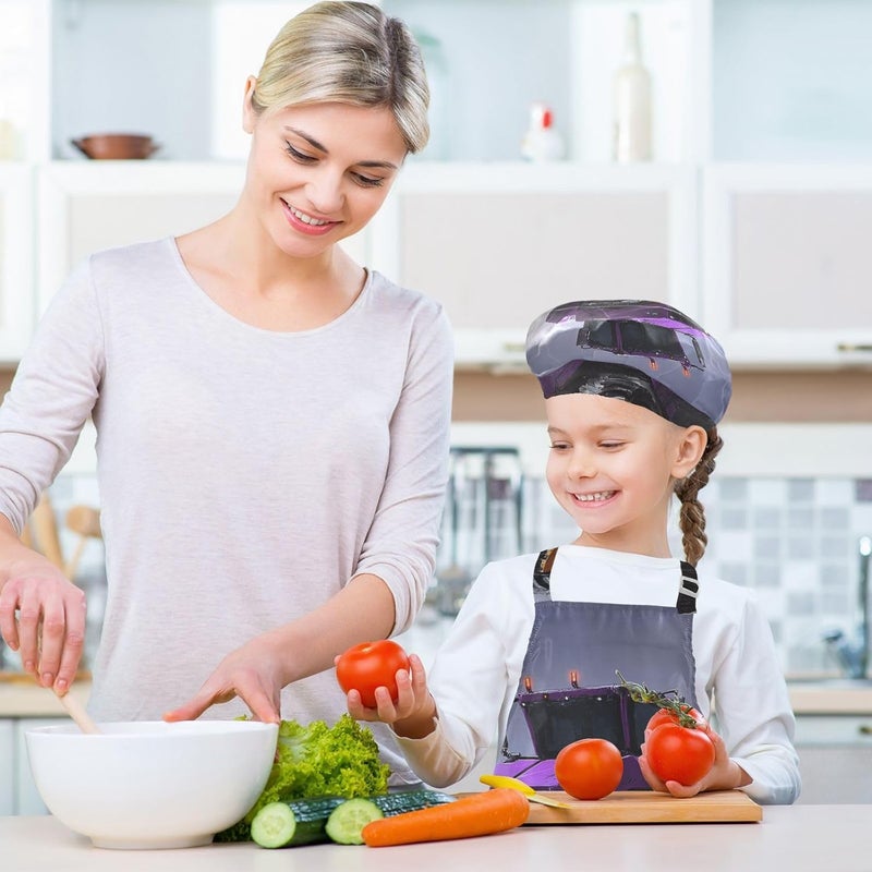 KLL kids Apron Chef Hat Set Comfy Purple Bulldozer Cooking Kitchen Children Aprons with Pockets for Children 3-12 Years Old - Image 5