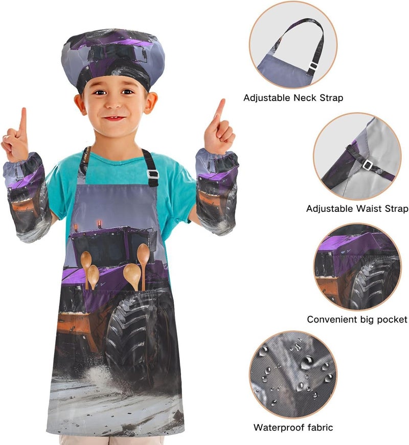 KLL kids Apron Chef Hat Set Comfy Purple Bulldozer Cooking Kitchen Children Aprons with Pockets for Children 3-12 Years Old - Image 4