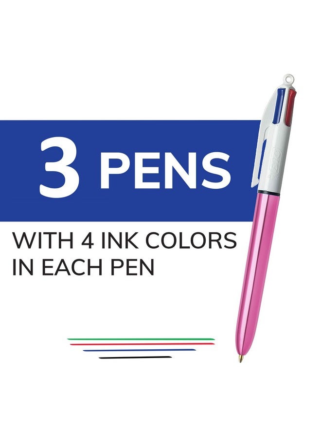 بيك أقلام حبر جاف قابلة للسحب من بيك، 4 ألوان لامعة، أسطوانة معدنية وردية اللون، رأس متوسط (1.0 مم)، عبوة من 3 قطع، قلم حبر جاف قابل للسحب مع حبر يدوم طويلاً - Image 2