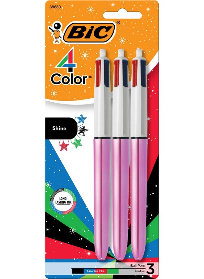 بيك أقلام حبر جاف قابلة للسحب من بيك، 4 ألوان لامعة، أسطوانة معدنية وردية اللون، رأس متوسط (1.0 مم)، عبوة من 3 قطع، قلم حبر جاف قابل للسحب مع حبر يدوم طويلاً - Image 1