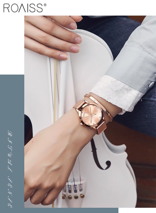 رويس ساعة كوارتز بحزام شبكي فولاذي للنساء، ساعة بقرص دائري مع تصميم قلب رومانسي وزخرفة بأحجار الراين، ساعة يد فاخرة مضيئة مقاومة للماء كهدية للسيدات - Image 2