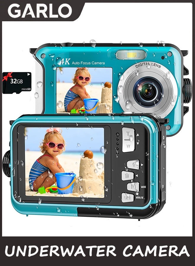Garlo 4K Underwater Camera 3.35m Waterproof Camera with 32GB Card 56MP Autofocus Dual-Screen Selfie Underwater for Snorkeling Waterproof Compact Floatable Digital Camera 1250mAh Battery Type-C （Blue） - Image 1