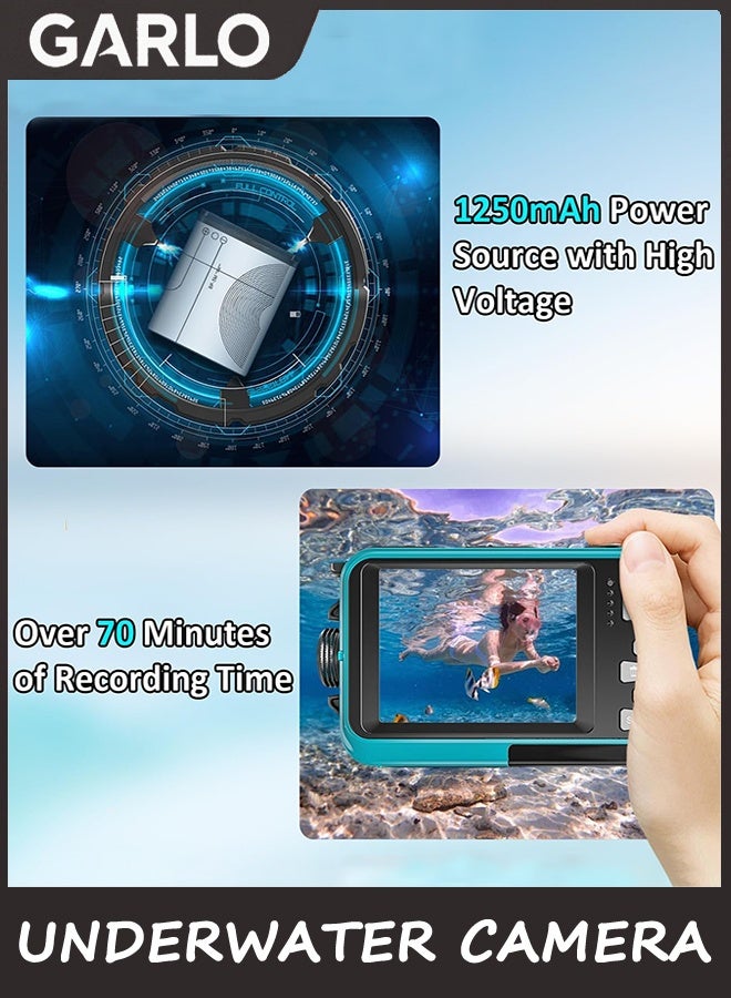 Garlo 4K Underwater Camera 3.35m Waterproof Camera with 32GB Card 56MP Autofocus Dual-Screen Selfie Underwater for Snorkeling Waterproof Compact Floatable Digital Camera 1250mAh Battery Type-C （Blue） - Image 2