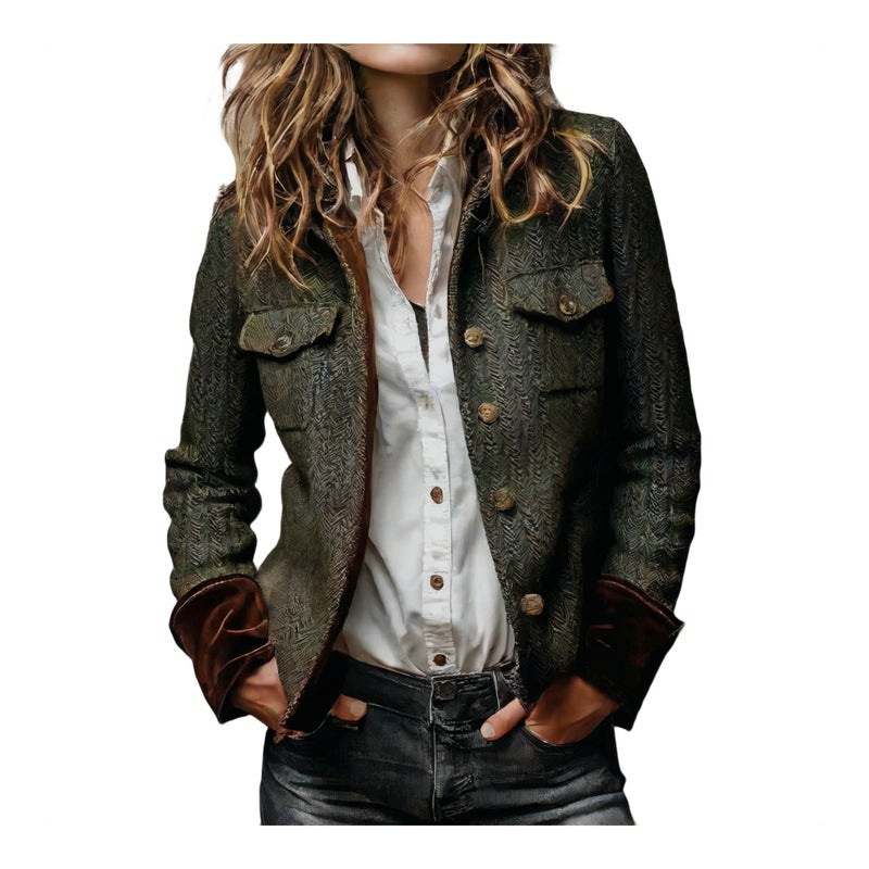 Vintage Herringbone Tweed Blazer Jacket with Velvet Trim - Image 1