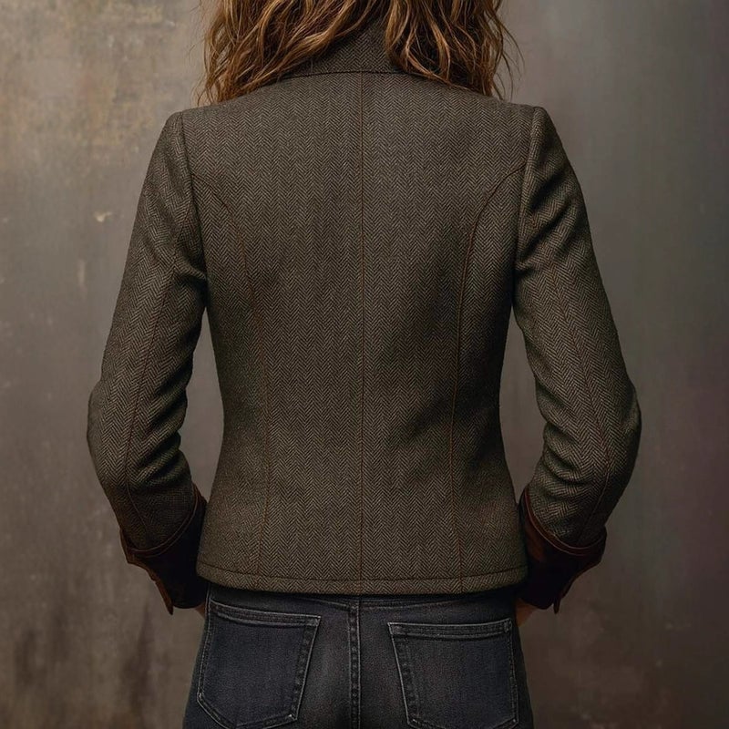 Vintage Herringbone Tweed Blazer Jacket with Velvet Trim - Image 3