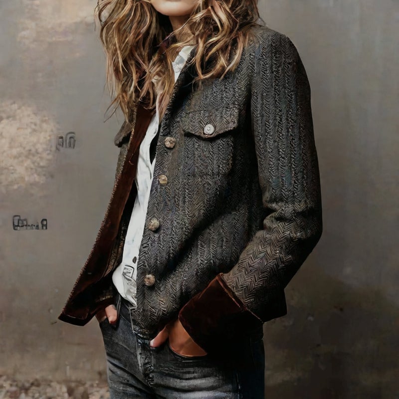 Vintage Herringbone Tweed Blazer Jacket with Velvet Trim - Image 2