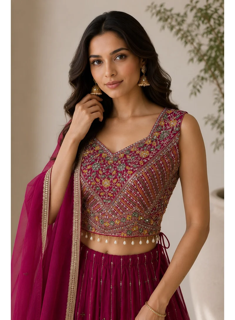 Lehar Pink Georgette Printed Lehenga Set with Embellished Blouse & Net Dupatta