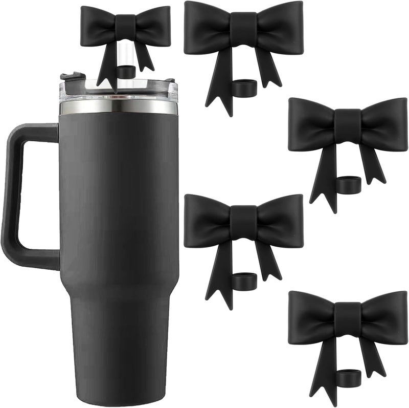 Hpebl 4Pcs Silicone Straw Toppers Covers for Stanley Cups 40/30oz 10mm(0.4in) Dust-Proof Bow Straw Covers Toppers Suitbale for Stanley Cup Accessories Reusable Straws Caps (Black) - Image 1