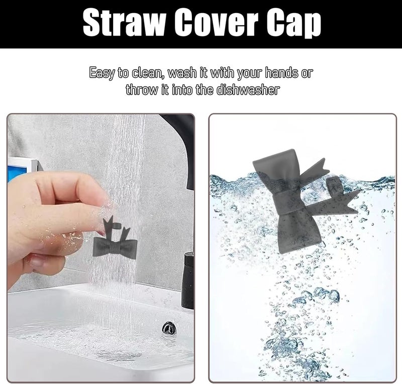 Hpebl 4Pcs Silicone Straw Toppers Covers for Stanley Cups 40/30oz 10mm(0.4in) Dust-Proof Bow Straw Covers Toppers Suitbale for Stanley Cup Accessories Reusable Straws Caps (Black) - Image 3