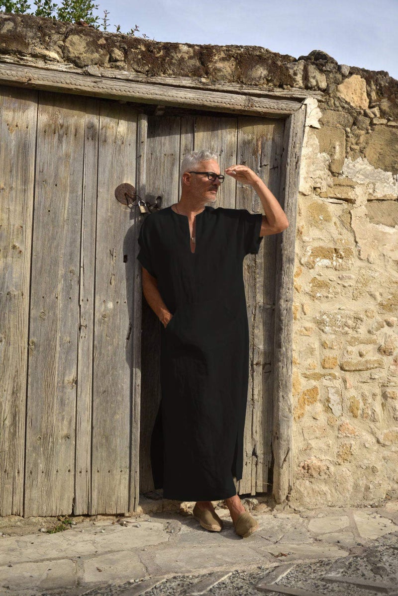 COOFANDY Men's V-Neck Linen Robe Short Sleeve Kaftan Thobe Long Gown Casual Shirt for Beach, Summer Black - Image 2