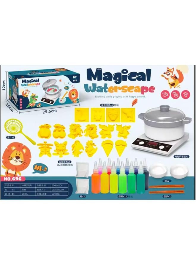 New Magic Water Toys 3D Plastic Glass with Molds Educational Toy for Kids DIY Water Toys 6 Colors Bottle +12 Shape Each Shape 6 Pcs +2 Hanging + Syrup +2 Dish + 2 Bag + Heater Sound + Pan 