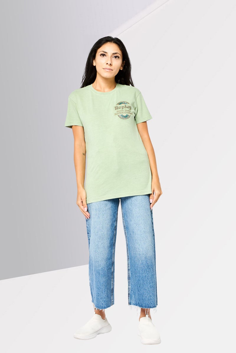 Replay Women Crew Neck Short Sleeves Embroidered Logo T-Shirt, Oregon Green - Image 2