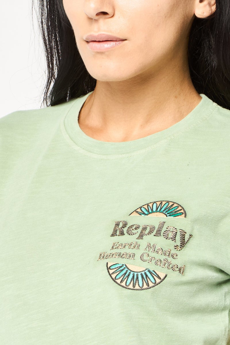 Replay Women Crew Neck Short Sleeves Embroidered Logo T-Shirt, Oregon Green - Image 3