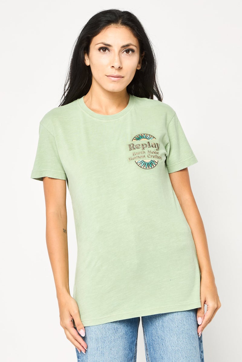 Replay Women Crew Neck Short Sleeves Embroidered Logo T-Shirt, Oregon Green - Image 1