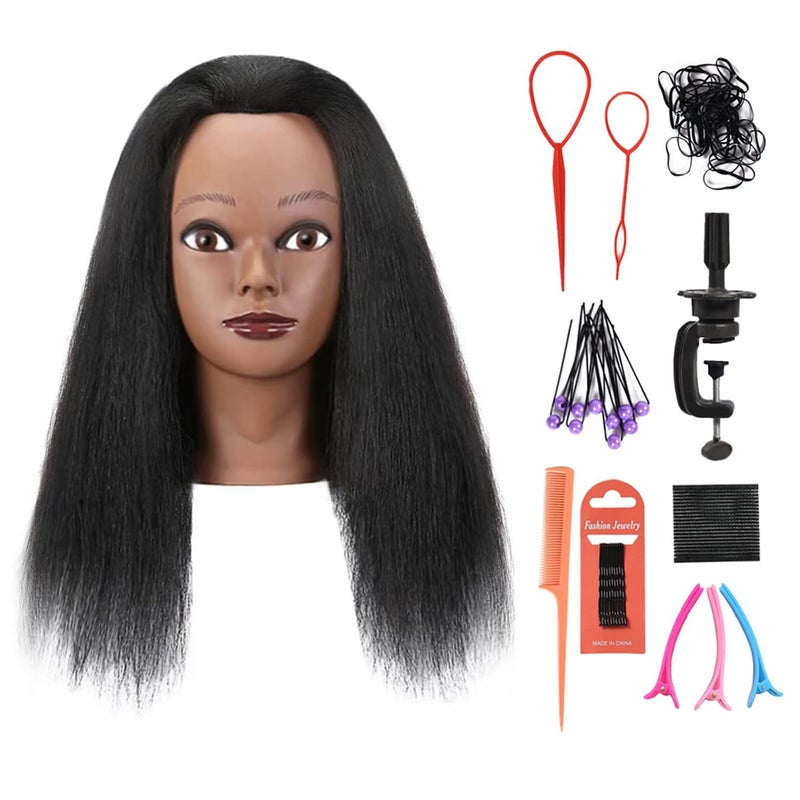 Armmu Mannequin Head with 100 Real Hair 14 Cosmetology Mannequin Manikin Training Practice Doll Head for Hairdresser Braiding Hair Styling Hairdressing and Clamp Holder Black