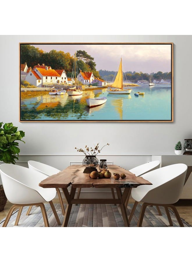 AJAZIKO Coastal Wall Art - Rustic Ocean & boat Canvas Art for Living Room & Bedroom Decor - Framed Landscape Artwork for Walls - Italian Farmhouse & Country Wall Decor Print Pictures29x58IN - Image 4