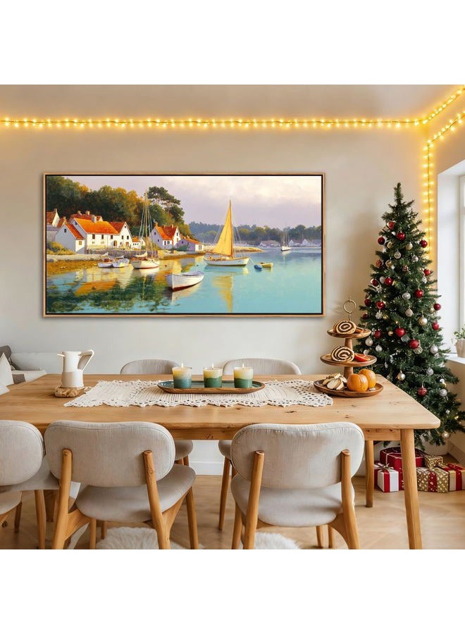 AJAZIKO Coastal Wall Art - Rustic Ocean & boat Canvas Art for Living Room & Bedroom Decor - Framed Landscape Artwork for Walls - Italian Farmhouse & Country Wall Decor Print Pictures29x58IN - Image 1