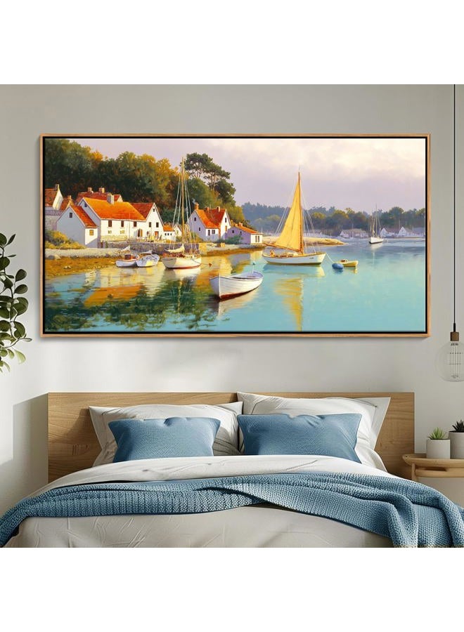 AJAZIKO Coastal Wall Art - Rustic Ocean & boat Canvas Art for Living Room & Bedroom Decor - Framed Landscape Artwork for Walls - Italian Farmhouse & Country Wall Decor Print Pictures29x58IN - Image 3