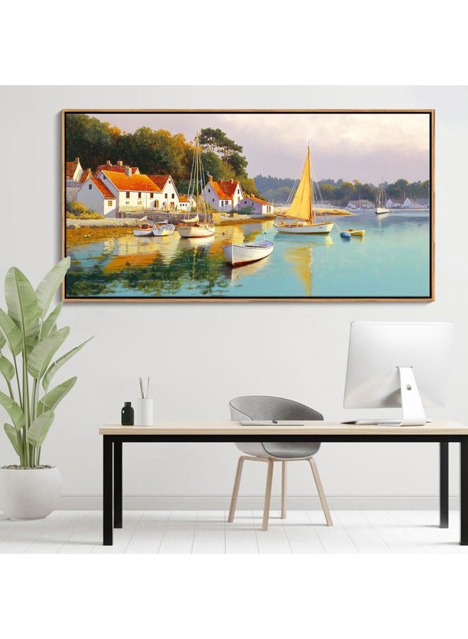 AJAZIKO Coastal Wall Art - Rustic Ocean & boat Canvas Art for Living Room & Bedroom Decor - Framed Landscape Artwork for Walls - Italian Farmhouse & Country Wall Decor Print Pictures29x58IN - Image 2