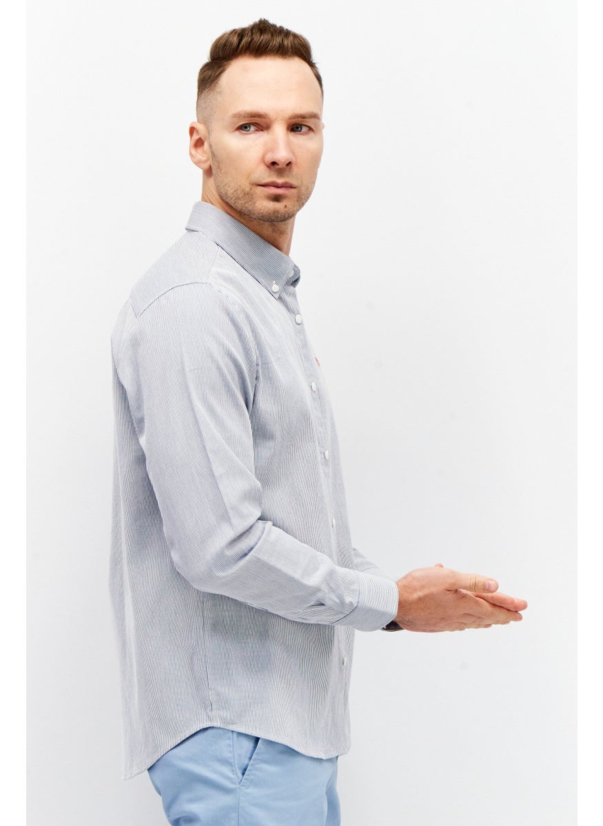 ESPRIT Men Regular Fit Long Sleeve Micro Strip Casual Shirt, Navy  - Image 3