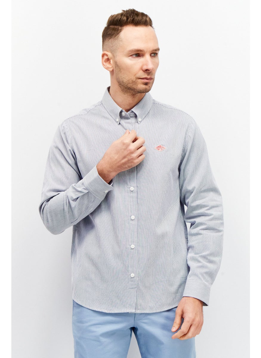 ESPRIT Men Regular Fit Long Sleeve Micro Strip Casual Shirt, Navy  - Image 1