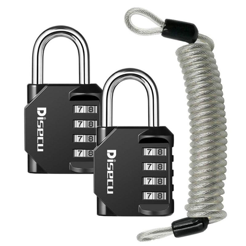 2 Pack disecu 4 Digit Combination Lock Outdoor Waterproof Padlock with Steel Cable for School Gym Locker Helmet Gate Fence Luggage Black