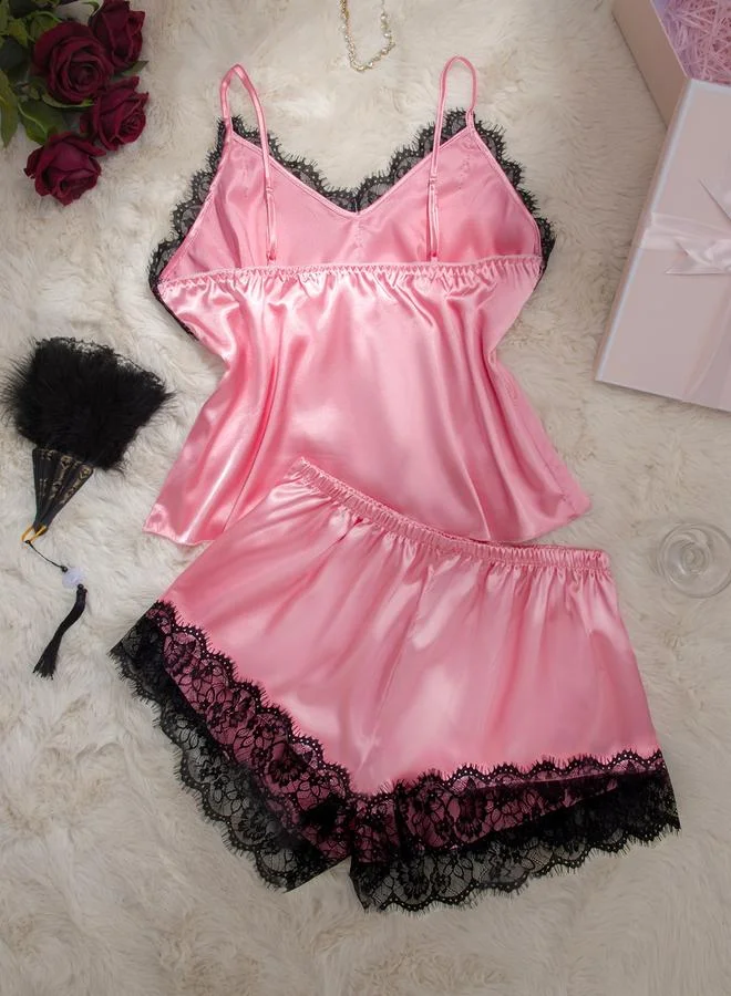 Take Two Women's Plus Size Lace Trim Cami Top With Shorts Pajama Set