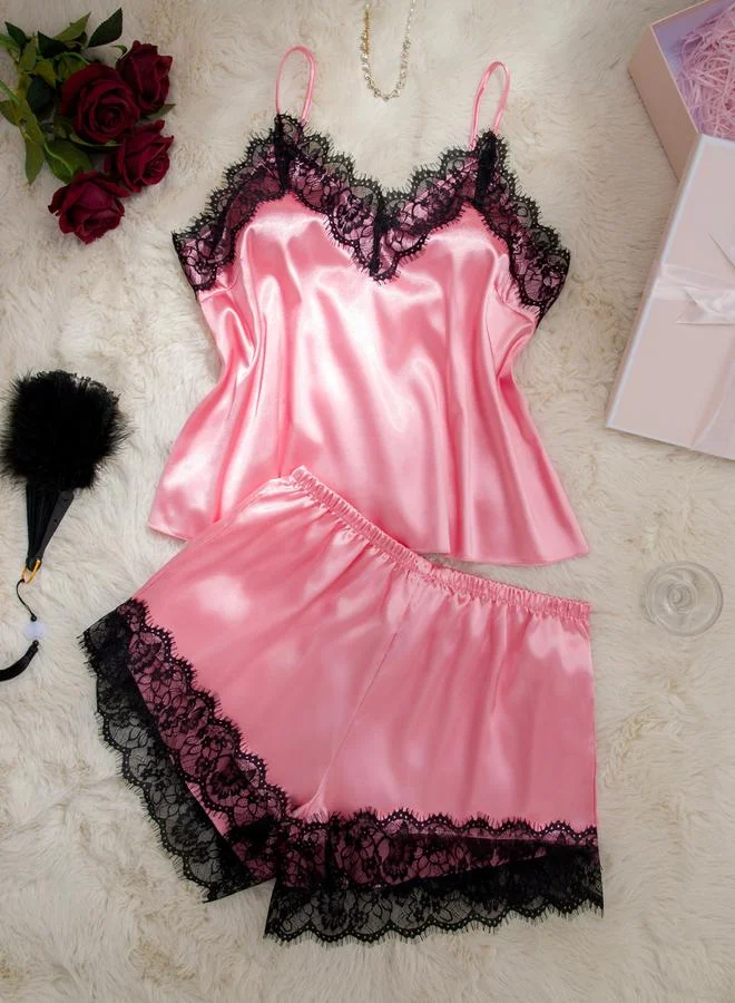 Take Two Women's Plus Size Lace Trim Cami Top With Shorts Pajama Set