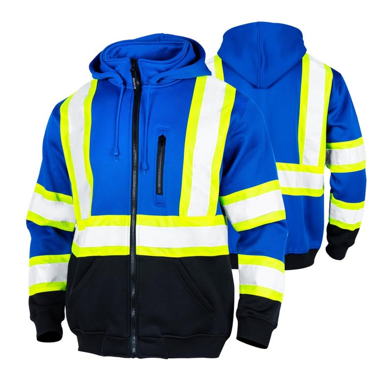 FONIRRA Hi Vis Safety Fleece Zip Hoodie for Men Reflective Sweatshirts ANSI Class 3 Jackets Detachable Hood BlueL