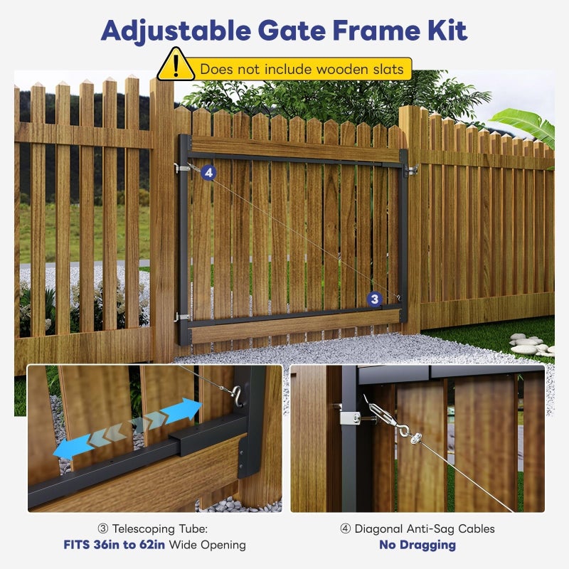 CCBOYSHARDWARE Fence Gate Frame Kit for Wooden Gate, Adjustable Steel Anti-Sag Gate Hardware for 36â€“62 in Wide,Heavy Duty Outdoor Fence Hardware for Wooden Doors,Shed Doors,Driveway Gates,Corral Gates - Image 4