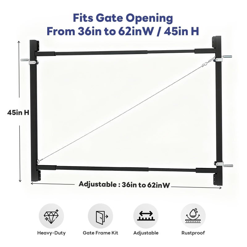 CCBOYSHARDWARE Fence Gate Frame Kit for Wooden Gate, Adjustable Steel Anti-Sag Gate Hardware for 36â€“62 in Wide,Heavy Duty Outdoor Fence Hardware for Wooden Doors,Shed Doors,Driveway Gates,Corral Gates - Image 3