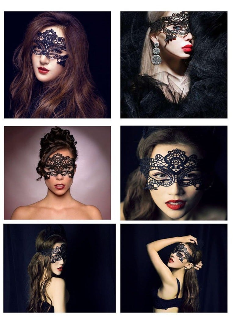 KASTWAVE 6 Pieces Women Lace Eye Mask, Masquerade Masks Mysterious Face Venetian Eyemask for Carnival Party Costume Ball, Black - Image 2