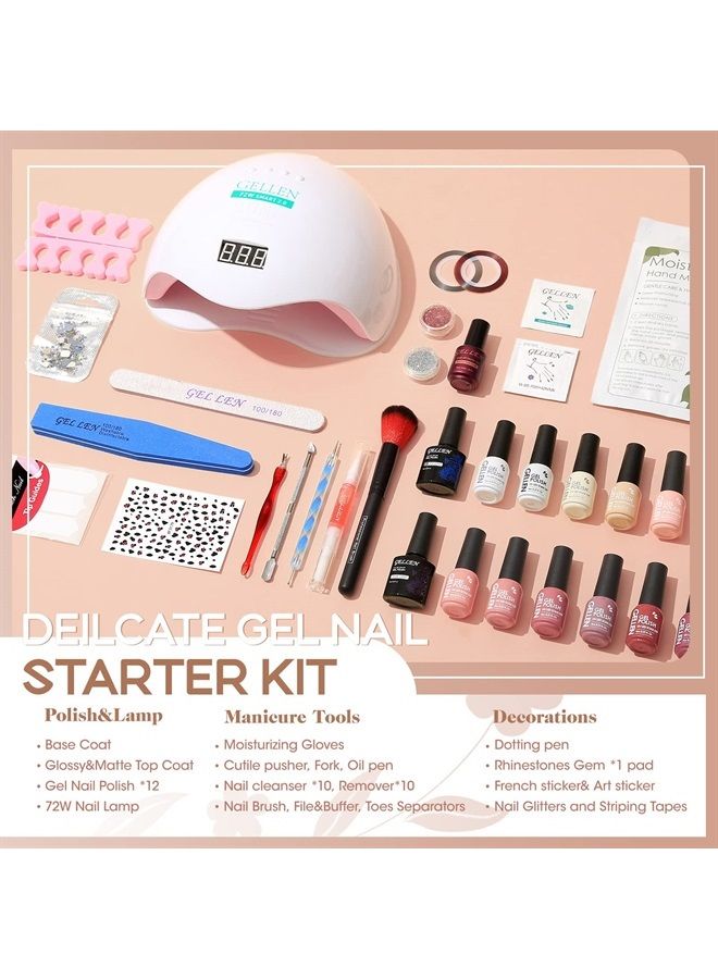 Gellen Gel Nail Polish Kit with U V LED Light 72W Nail Dryer, 12 Gel Nail Colors, No Wipe Top Base Coat, Nail Art Decorations, Manicure Tools, All-In-One Manicure Kit, Gentle Nudes  - Image 2
