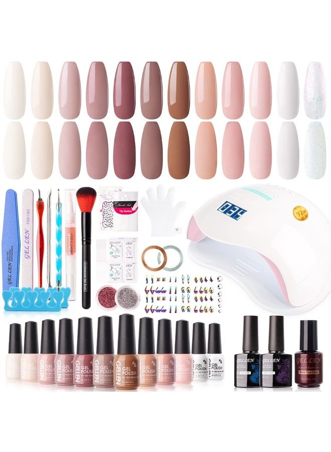 Gellen Gel Nail Polish Kit with U V LED Light 72W Nail Dryer, 12 Gel Nail Colors, No Wipe Top Base Coat, Nail Art Decorations, Manicure Tools, All-In-One Manicure Kit, Gentle Nudes  - Image 1