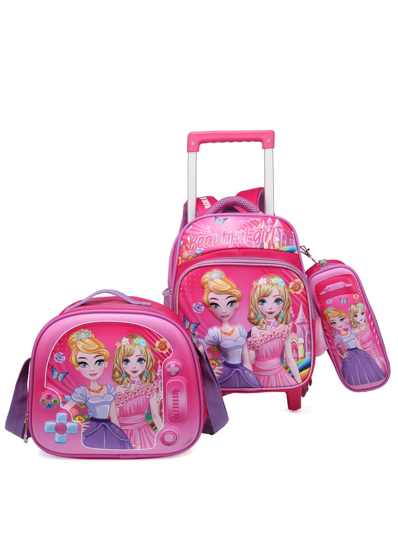 ستارجولد حقيبة ظهر للأطفال 3 قطع للفتيات الصغيرات، 1 غداء، 1 صندوق أقلام و 1 حقيبة مع حزام قابل للتعديل للمدرسة 2 عجلات 12 بوصة - Image 1