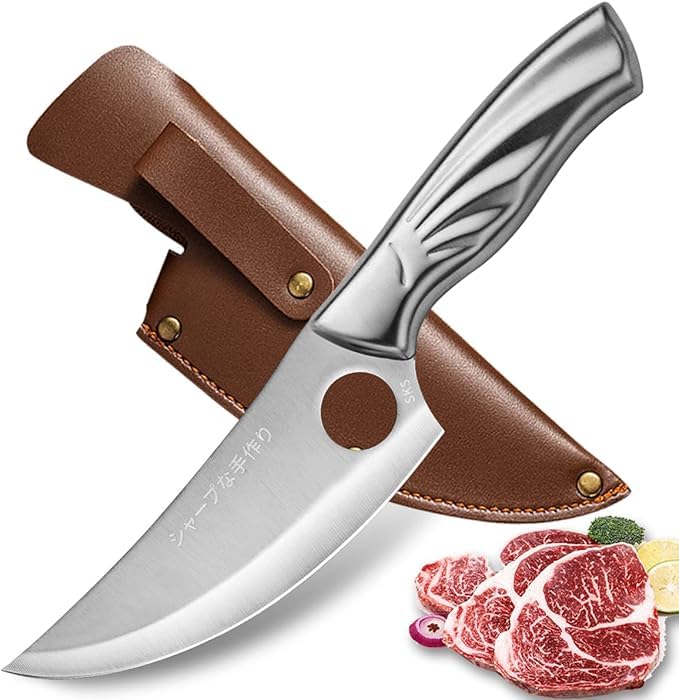 CRENTROVA Japanese Style Kitchen Chef Knife with Leather Sheath, Hammered Stainless Steel Blade,Boning Knife,Butcher & Meat Cleaver Knife Ultra Sharp Multipurpose for Meat,Fish, Home Kitchen, Hotel,Restaurants - Image 1
