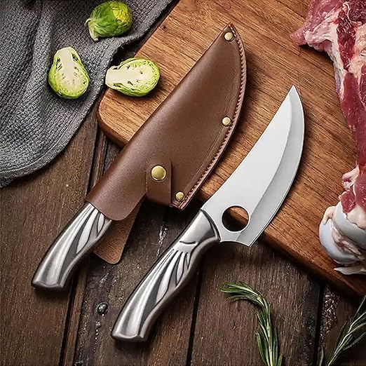 CRENTROVA Japanese Style Kitchen Chef Knife with Leather Sheath, Hammered Stainless Steel Blade,Boning Knife,Butcher & Meat Cleaver Knife Ultra Sharp Multipurpose for Meat,Fish, Home Kitchen, Hotel,Restaurants - Image 2
