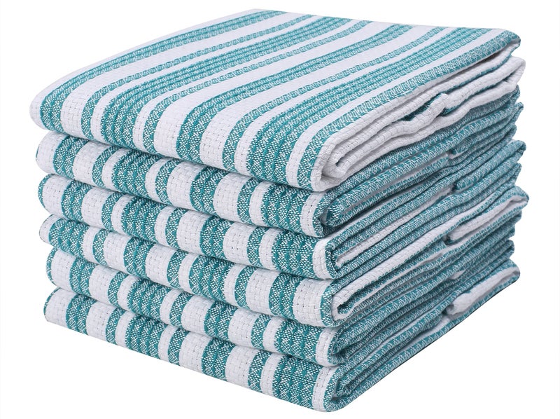 Goroly Home 6 Pack 100% Cotton Farmhouse Vintage Dish Towels Tea Towels Highly Absorbent Quick Dry Professional Grade Cleaning Towels with Hanging Loop - Stripes - 18x28 Inch - Teal - Image 2