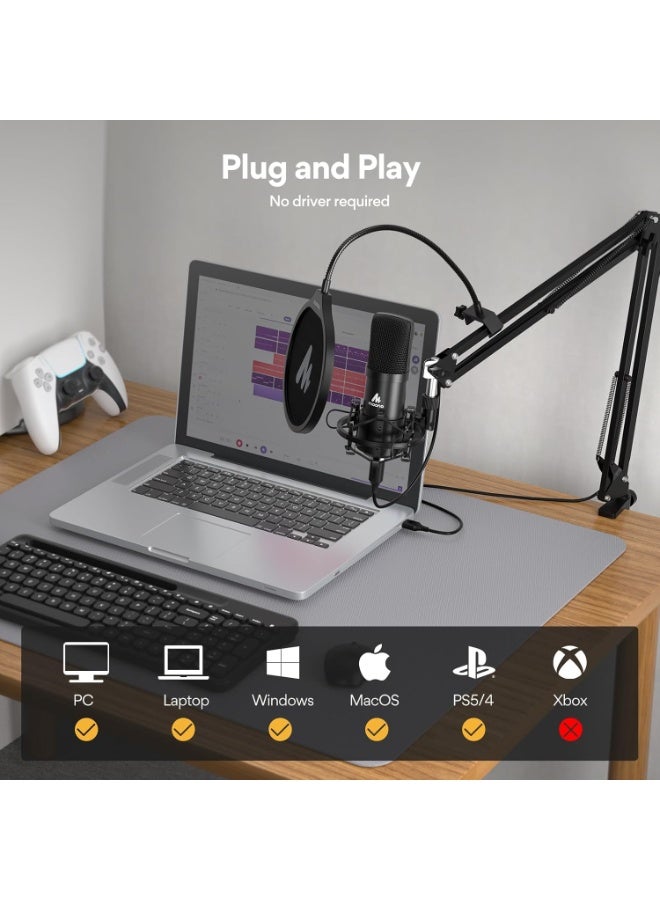 ماونو مجموعة ميكروفون Maono AU-A04 Condenser USB Studio – ميكروفون USB كارديويد Plug And Play مع ذراع تعليق وShock Mount وPop Filter للبودكاست والبث والتسجيل - Image 4