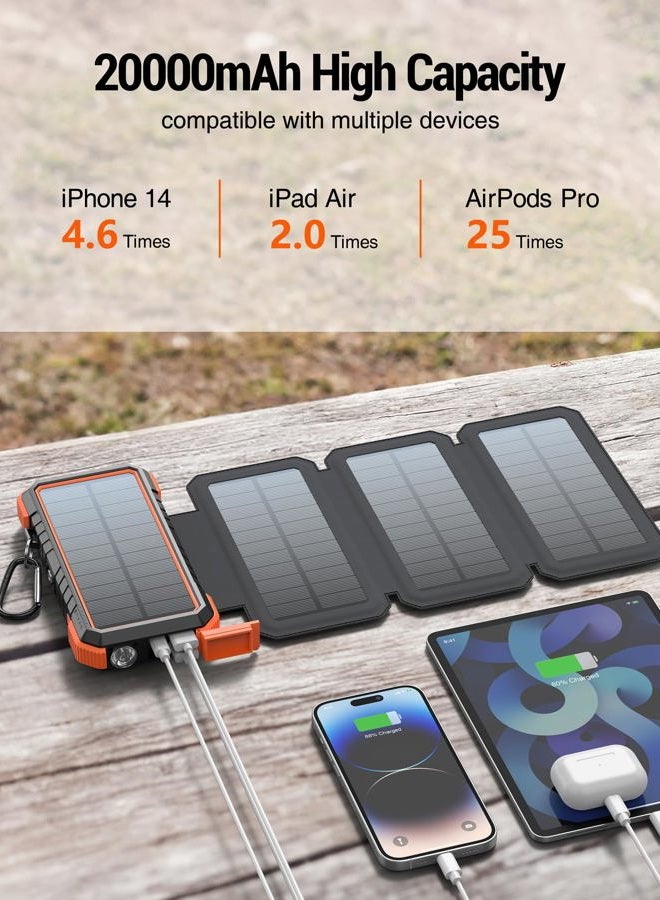 BLAVOR Solar Charger Power Bank, PD 18W Fast Charging 20000mAh Battery Pack with 4 Foldable Panels, Portable Solar Powered USB C Charger with Camping Flashlight Compass Carabiner for Cell Phone - Image 4