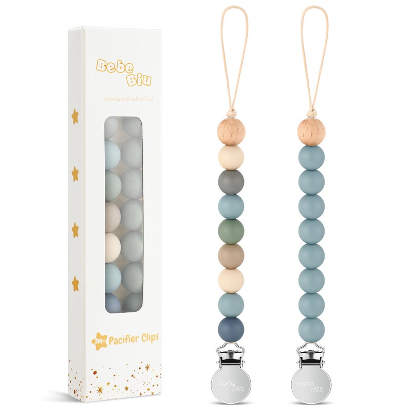 BebeBiu 2 Pack Pacifier Clips, Silicone Pacifier Clip for Baby Boys and Girls, Baby Pacifier Strap with Silicone Beads, Soother Dummy Holder, Pacifier Holder, Keeps Pacifier Clean (Wilderness/Ether) - Image 1