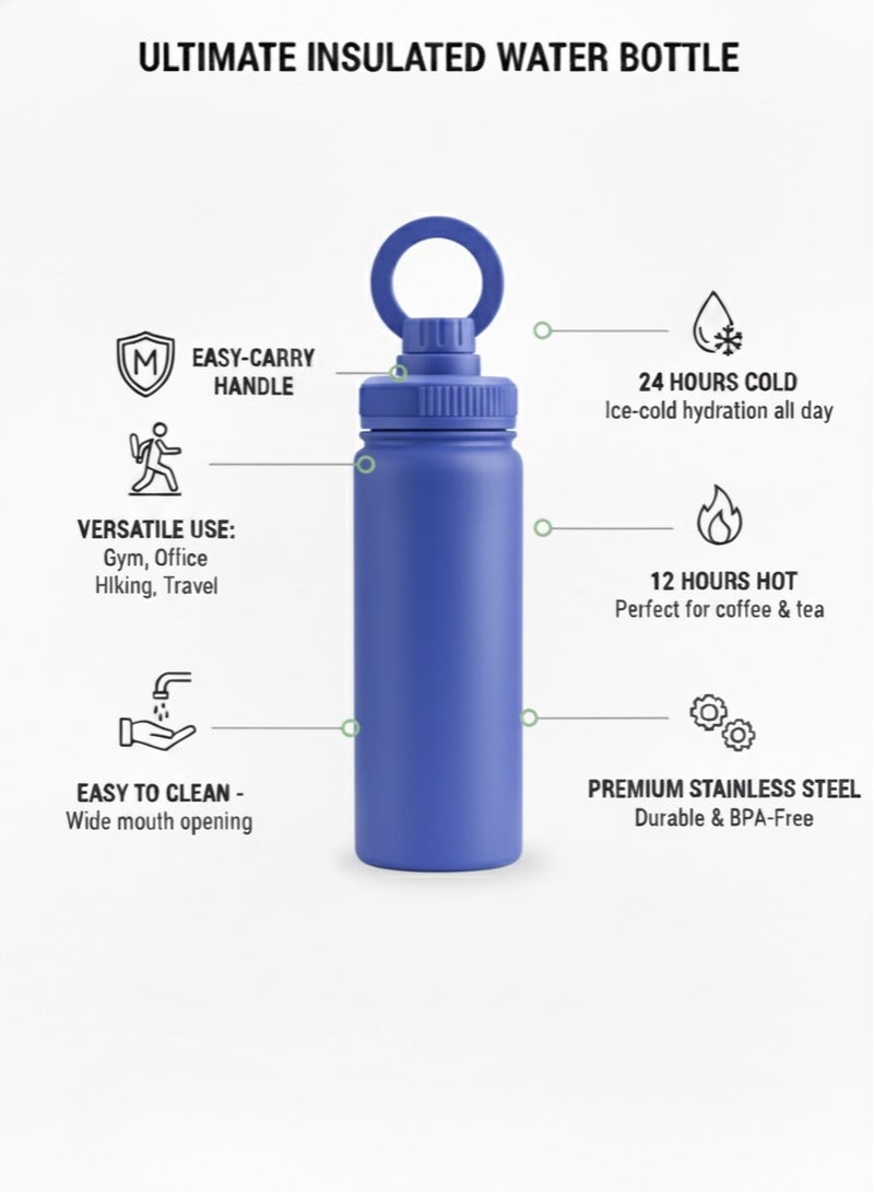 هامزون زجاجة مياه معزولة من الفولاذ المقاوم للصدأ مع غطاء من القش، ترمس مزدوج الجدار للمشروبات الساخنة والباردة، زجاجة رياضية واسعة الفم مضادة للتسرب وقابلة لإعادة الاستخدام 500 مل، خالية من مادة BPA، مثالية للصالة الرياضية والمكتب والسفر والتخييم، لون أزرق محيطي - Image 2