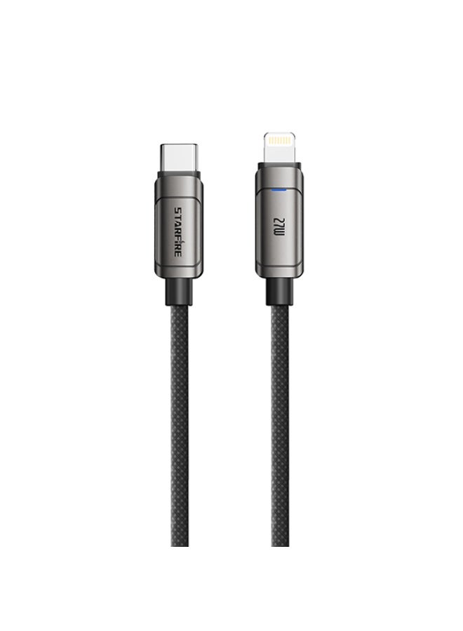 Starfire PD 27W USB-C to Lightning Cable, 5A High-Current Fast Charger, Zinc Alloy Luxury Braid, 48-Count Tangle-Free, 1000mm (Black-Gray) - Image 1