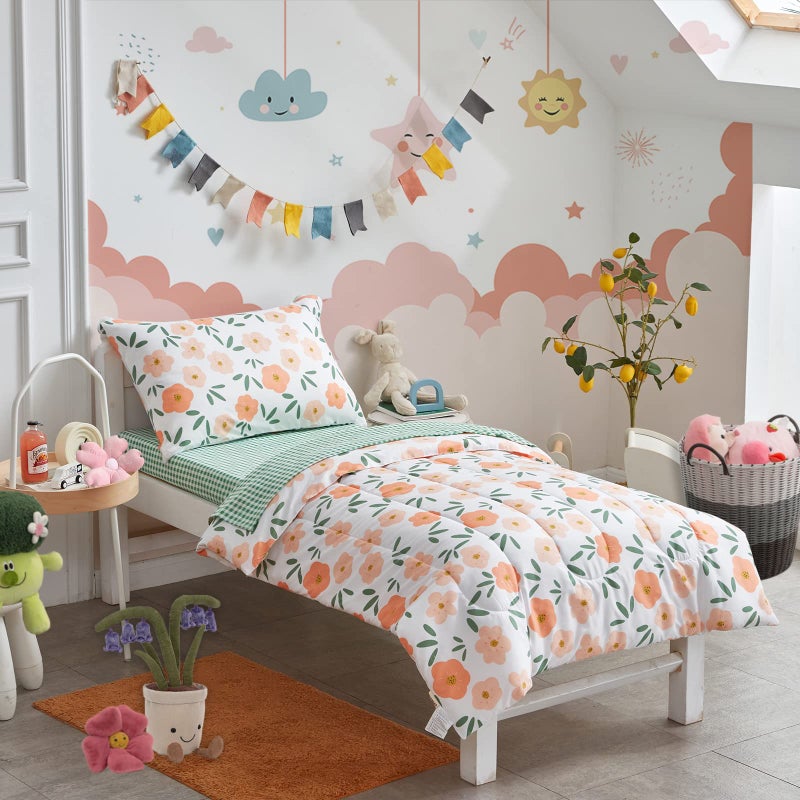 Uozzi Bedding 4 Pieces White Girls Toddler Bedding Set Orange Floral Style for Autumu and Winter Includes Adorable Quilted Flower Warm Comforter Green Plaid Fitted Sheet Top Sheet and Pillow Case