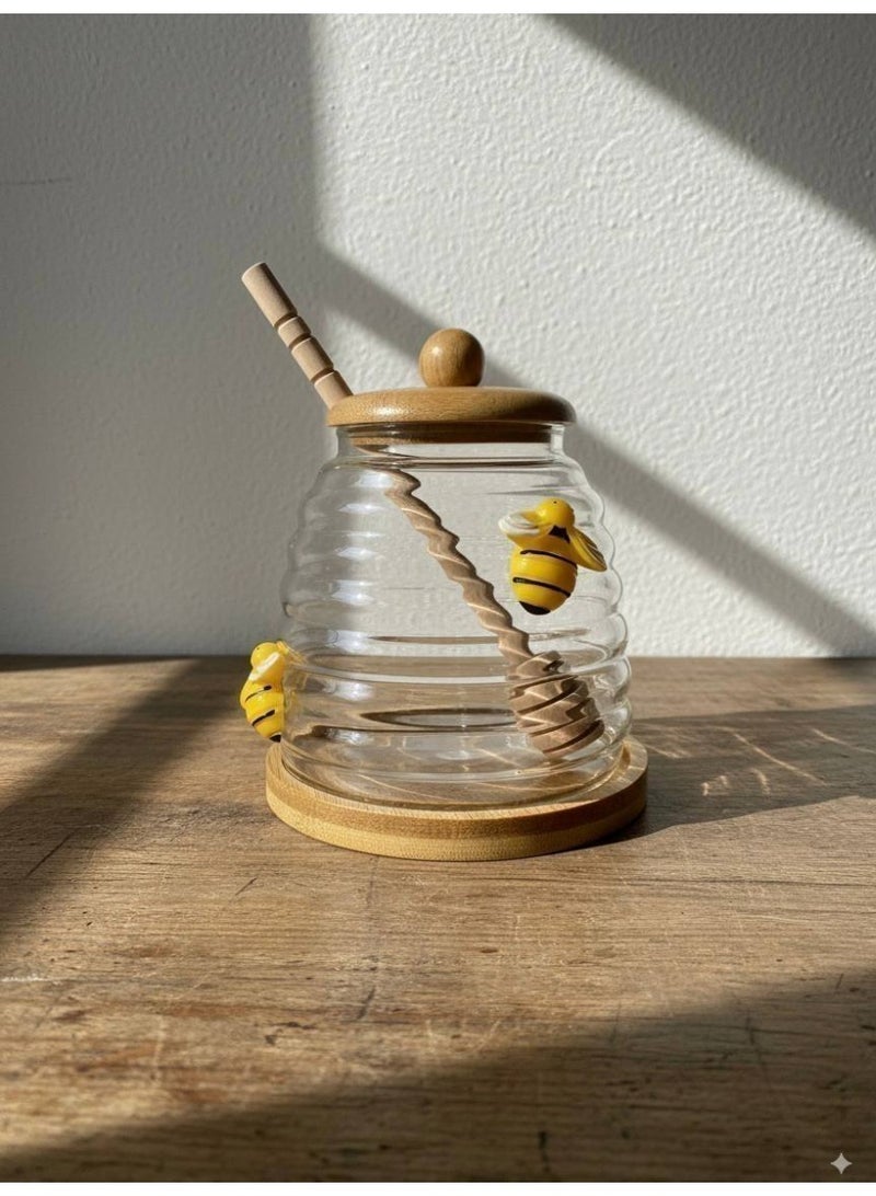 Glass Honey Jar with Wooden Lid and Honey Dipper – Stylish Design with Bee Illustration – Easy Honey Serving - Image 3