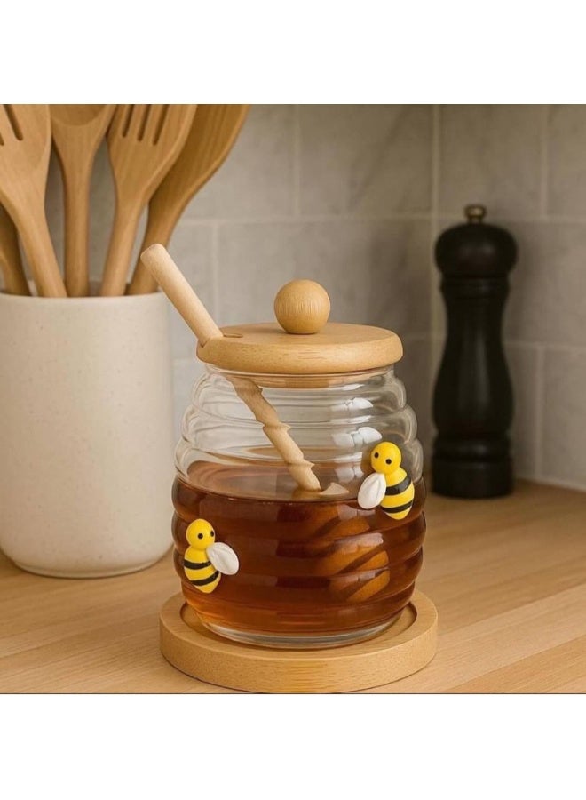 Glass Honey Jar with Wooden Lid and Honey Dipper – Stylish Design with Bee Illustration – Easy Honey Serving - Image 5
